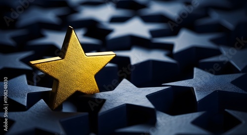 Golden star leaning against dark blue stars. Business excellence and top rated quality symbol. Shiny gold trophy shape highlighting success in a competitive market