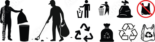 Set of garbage workers silhouettes: man carrying trash bags, pushing bin, person throwing waste into container, employee closing dumpster lid, staff sorting bins, two men lifting bin together, loading