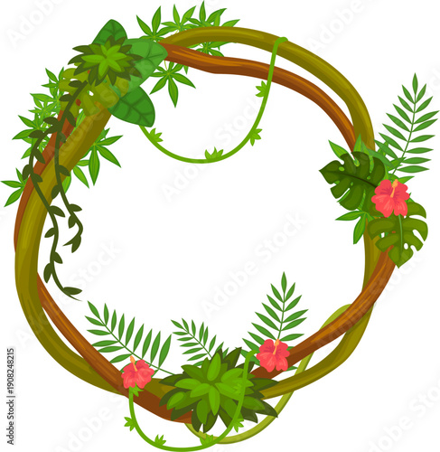 Rainforest wood frame. Round hanging liana border