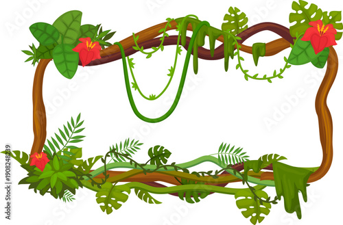 Tropical greenery border. Square wood frame with hanging creepers