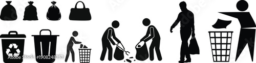 Set of garbage workers silhouettes: man carrying trash bags, pushing bin, person throwing waste into container, employee closing dumpster lid, staff sorting bins, two men lifting bin together, loading