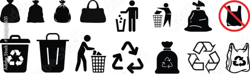 Set of garbage workers silhouettes: man carrying trash bags, pushing bin, person throwing waste into container, employee closing dumpster lid, staff sorting bins, two men lifting bin together, loading