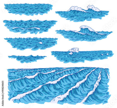 Sea waves. Vintage vector engraving color illustration. Isolated on white background. Hand drawn hatching