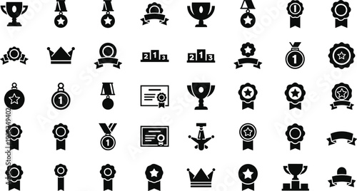 Awards silhouette illustration set, forty-eight black icons trophies medals ribbons certificates podiums crowns stars recognition symbols, vector artwork, competition and achievement 