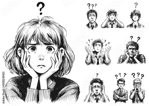 Face confuse worried linework vintage ink sketch hand drawn bread pen drawing vector svg