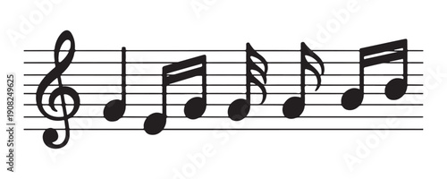Professional music notation with treble clef and various notes on straight staff lines for education design