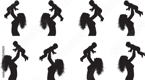 Black and white silhouettes of a mother lifting her baby in the air isolated on white background representing motherhood family love and parental connection.