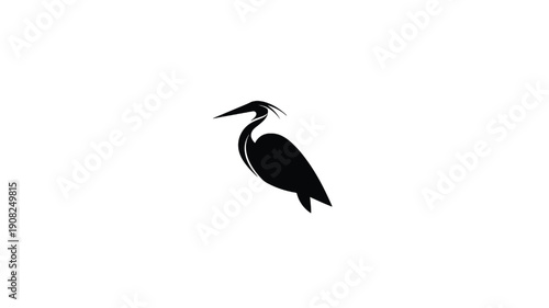 Heron bird silhouette logo with minimalist black icon on white background, elegant long beak and neck, modern flat vector style for branding, wildlife design
