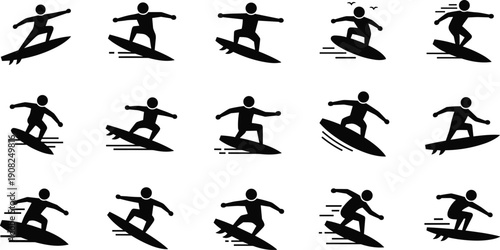 Surfing silhouette illustration set, fifteen black icons surfers riding boards dynamic poses motion lines birds, vector artwork, sports and lifestyle theme, isolated background
