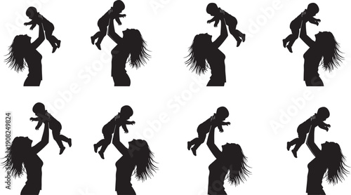 Black and white silhouettes of a mother lifting her baby in the air isolated on white background representing motherhood family love and parental connection.