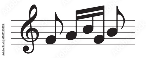 Simple music notes and treble clef on musical staff, basic melody on white background