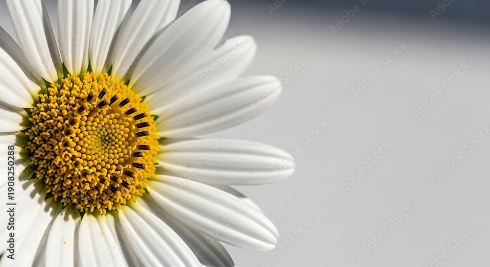 Obraz premium A beautiful macro closeup of a single white daisy flower blossom with yellow petals isolated in nature to showcase the spring flora and summer garden beauty