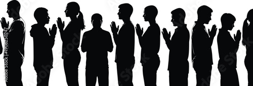 People Praying Silhouette Set Vector Illustration Isolated on White Background, Group Worship, Faith, Spirituality and Religious Devotion Concept