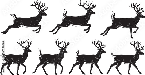 Black and white silhouettes of various reindeer in standing and running poses isolated on white background for Christmas holiday seasonal and wildlife nature design concepts.
