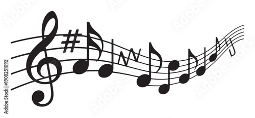 Flowing musical staff with various notes rests and accidentals representing musical composition rhythm