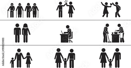 Black pictogram silhouette collection of diverse people including seniors couples families and workers engaged in daily social activities isolated on white background for infographics