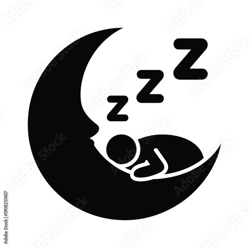 Sleeping baby cradled in a crescent moon vector illustration symbolizing peaceful rest
