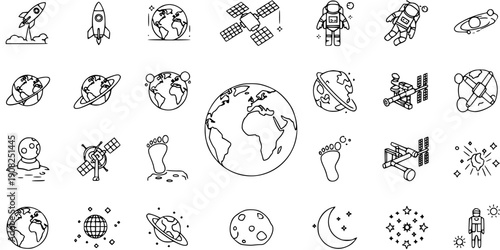 Space Exploration and Cosmic Icons: Rockets, Astronauts, Planets, Satellites, and More