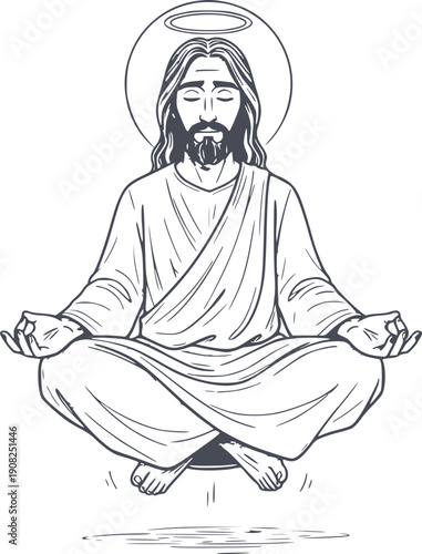hand drawn illustration of jesus christ meditating and levitating in lotus position, professional sketch with black fill and no white fills included