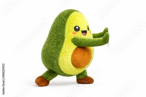 Avocado plush mascot hero bracing both hands on a wall in a gentle stance. Showcasing everyday movement, mindful snacking, and balanced nutrition.