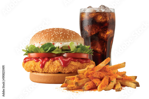 Spicy Zinger Burger Meal with Peri Peri Fries and Cold Drink Isolated on Transparent Background PNG
