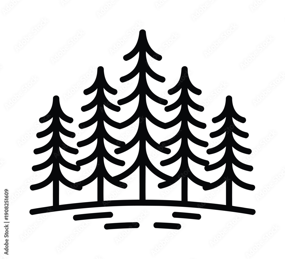 Obraz premium Black-and-white vector illustration of a group of tall pine trees on a hill
