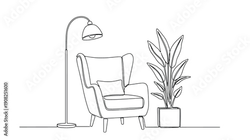 Armchair cozy living room corner with floor lamp and potted plant, minimalist one line continuous drawing, modern interior outline illustration isolated on white