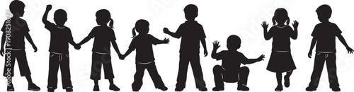 Black silhouette collection of a diverse group of happy children and kids playing and holding hands isolated on white background for elementary school concept