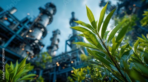 Green leaves against the background of blurred industrial structures and factory pipes under a blue sky. Ecology, green technologies, and reduced emissions.