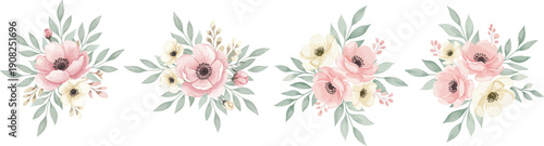 Watercolor floral arrangements with pink and yellow flowers and greenery on white background