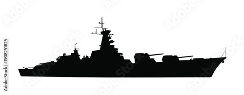 Silhouette vector of a naval warship with a large superstructure and deck guns