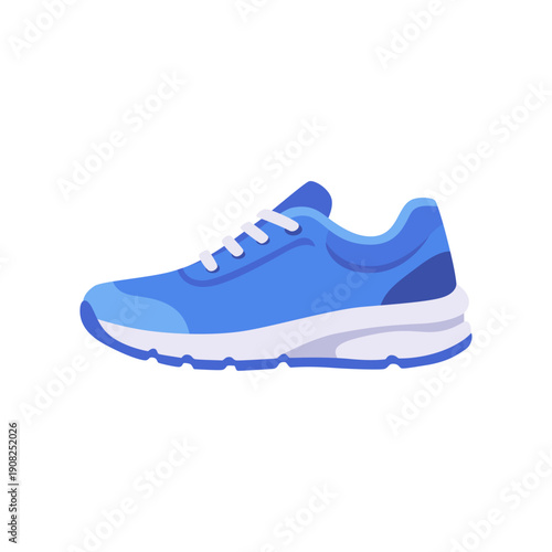blue running shoe, sport fitness footwear sneaker, white laces, colorful vector flat style illustration
