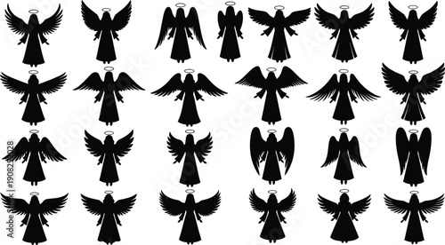 Angel Silhouette Set Featuring Winged Heavenly Figures with Halos in Various Poses Isolated on White Background for Religious Design
