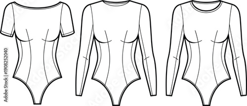 bodysuit, fashion, technical, illustration, vector, flat, cad, drawing, apparel, design, sleeve, variation, princess, seam, fitted, silhouette, neckline, garment, womenswear, template