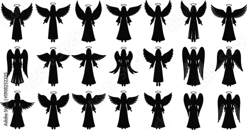 Angel Silhouette Collection Featuring Winged Heavenly Figures with Halos in Symmetrical Poses Isolated on White Background for Religious Design