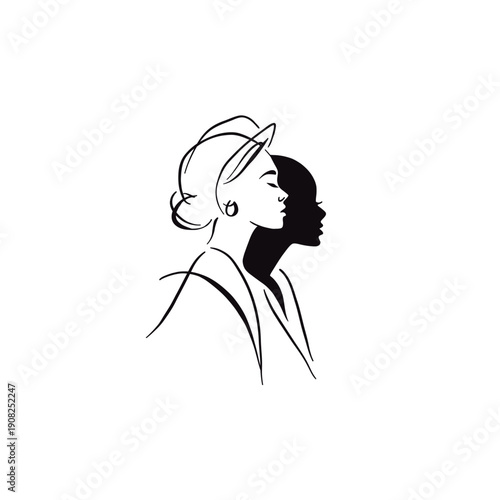 Minimal woman profile line art with shadow silhouette symbolizing identity and inner self. Modern elegant illustration for branding, posters and editorial use