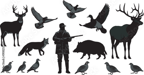 Black silhouette collection of a hunter with rifle and various wild animals including deer elk fox boar and game birds for hunting season concept