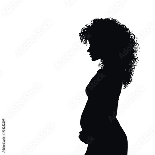 Elegant silhouette of a pregnant woman in side profile, symbolizing motherhood, maternity, pregnancy, femininity and new life in minimal style