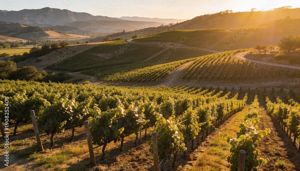 Naklejka premium Drone aerial view of vineyard rows on hills, agricultural landscape, wine production farming, rural countryside, precision agriculture and land cultivation