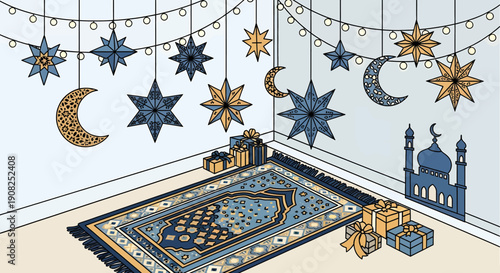 An intricately designed prayer room with stars, moons, and a mosque illustration in the corner, decorated for a special occasion or celebration