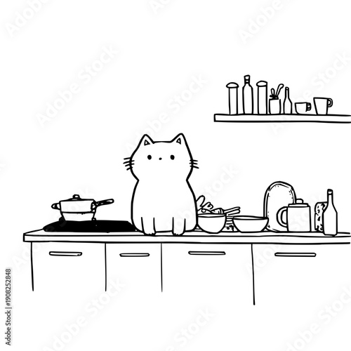 Cat Standing on Kitchen Counter with Cooking Utensils