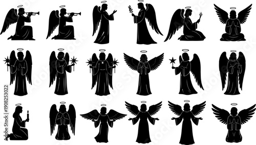 Black Angel Silhouette Vector Illustration Set with Wings and Halos for Christmas Religion Spirituality Heaven and Guardian Angel Design Elements