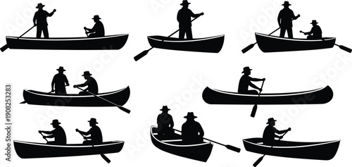 Canoe Fishing Silhouette Set Featuring Men Paddling and Angling in Boat Isolated on White Background for Outdoor Adventure Design