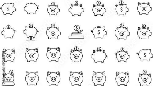 Piggy Bank Icons: A Collection of Financial Savings and Investment Symbols