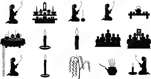 Black Silhouette Vector Illustration Set of Traditional Rituals with Altar Candles and People Praying for Ancestor Worship and Mourning Ceremony