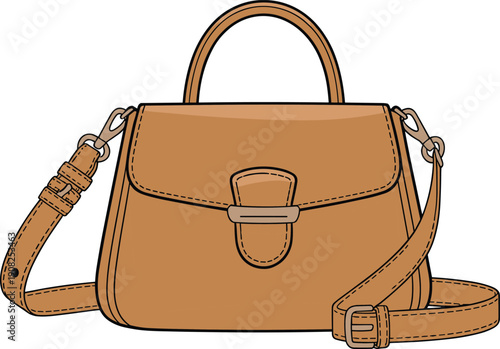 Brown leather handbag, fashion accessory, CAD drawing, flat vector illustration, top handle, shoulder strap, buckle closure, product design, retail catalog
