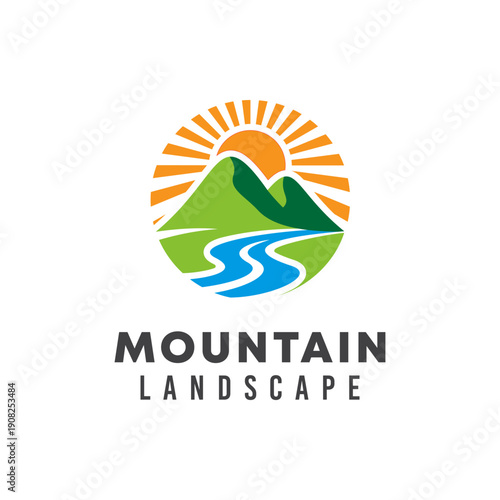 Mountain Peaks River with sunrise logo design