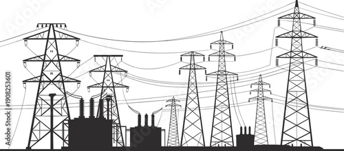 Silhouette of electrical power transmission towers and transformers against white sky electricity