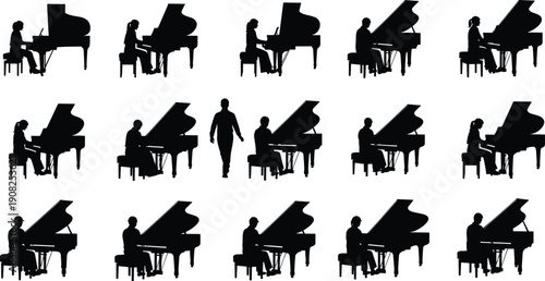 Collection of black silhouettes featuring male and female musicians playing grand pianos for music education, concert performance, and artistic design.