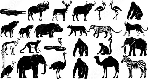 Collection of African wildlife animal silhouettes featuring elephants lions gorillas and safari creatures for nature education zoo branding and wilderness design.